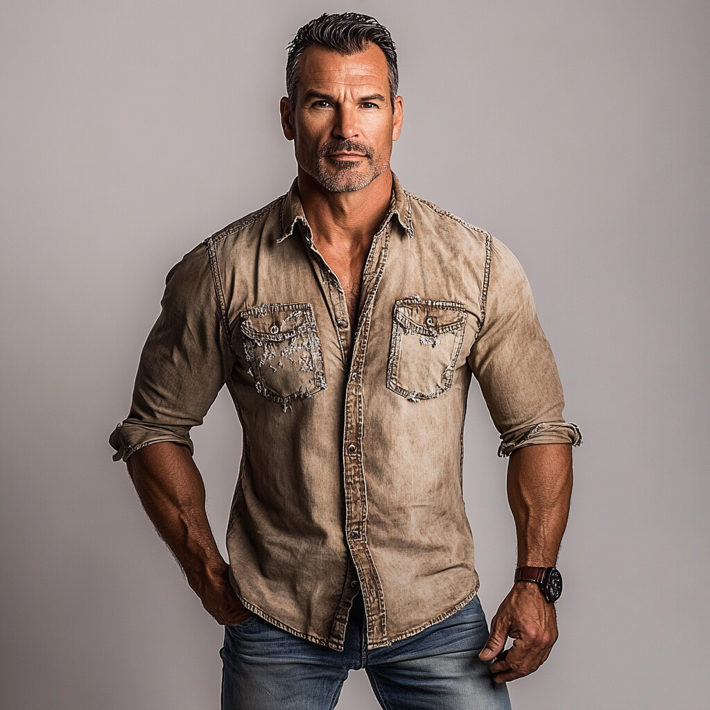 Men's Retro Distressed Denim Single Breasted Long Sleeve Shirt