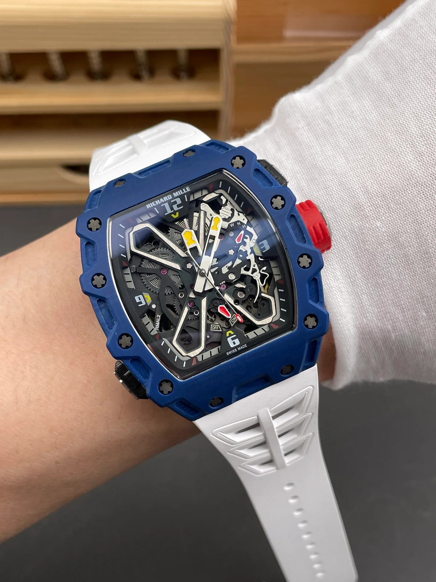 RM35-03 Carbon Fiber Blue Case White Strap