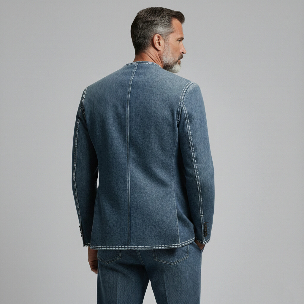 Men's Casual Washed Denim Collarless Long Sleeve Single Breasted Jacket