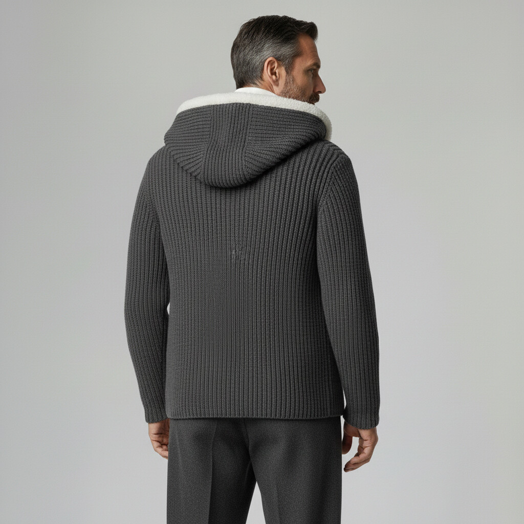 Men's Casual Grey Hooded Single Breasted Long Sleeve Fleece-Lined Sweater Cardigan