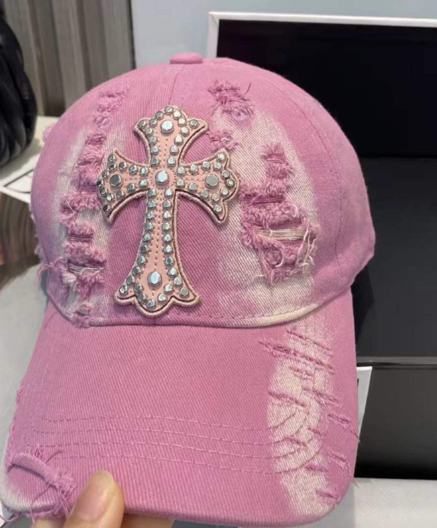 Pink Distressed Washed Denim Baseball Cap with Studded Rhinestone Cross Patch