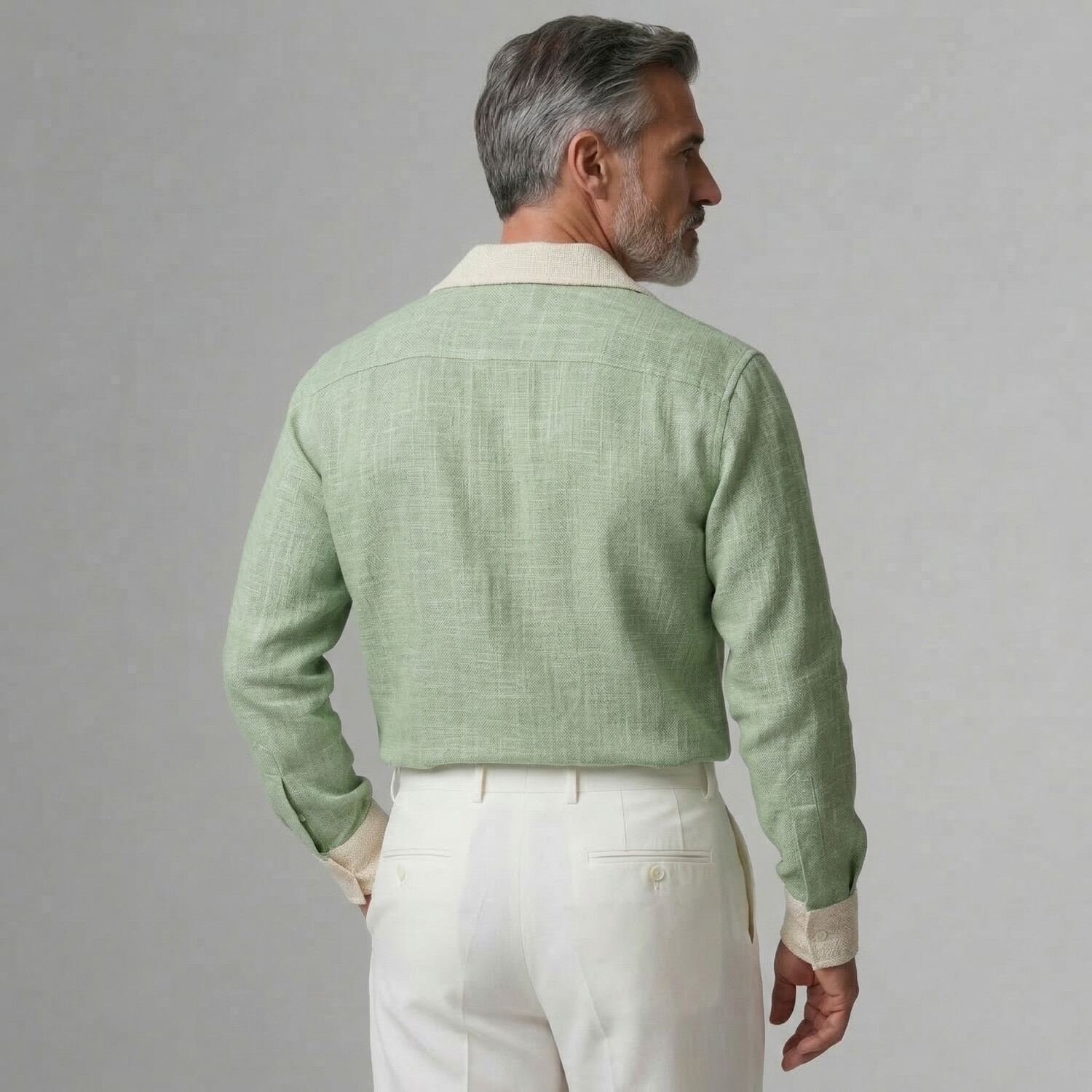 Men's Sage Green Contrast Trim Turndown Collar Long Sleeve Linen Shirt