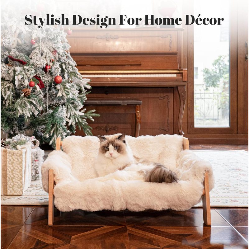 Elevated Cat Couch Bed for Indoor Cats, Wooden Cat Sofa with Removable Washable Fluffy Cover Raised Kitty Lounge Chair Suitable for Puppy (Cat Sofa Off-White)