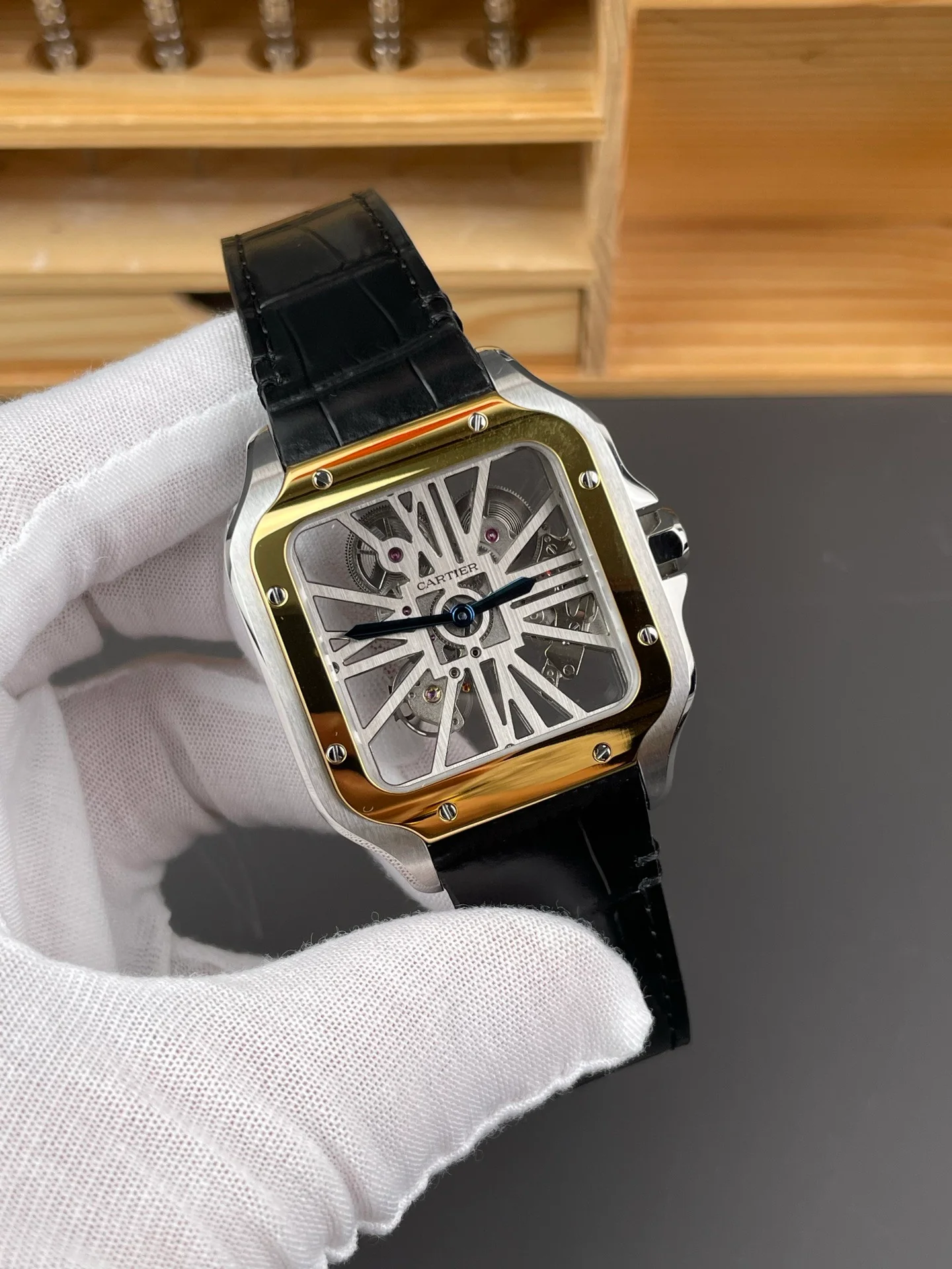 Santos Skeleton Series Leather Strap Two-Tone Dial