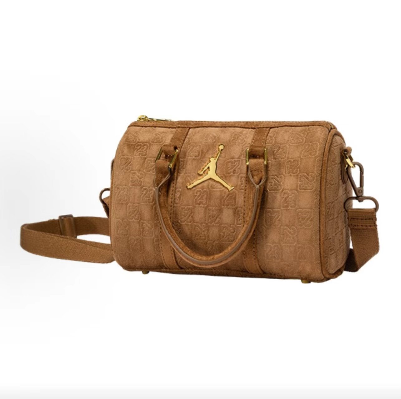 Jordan Allover Embossed Monogram Brown Suede Mini Duffle Crossbody Bag