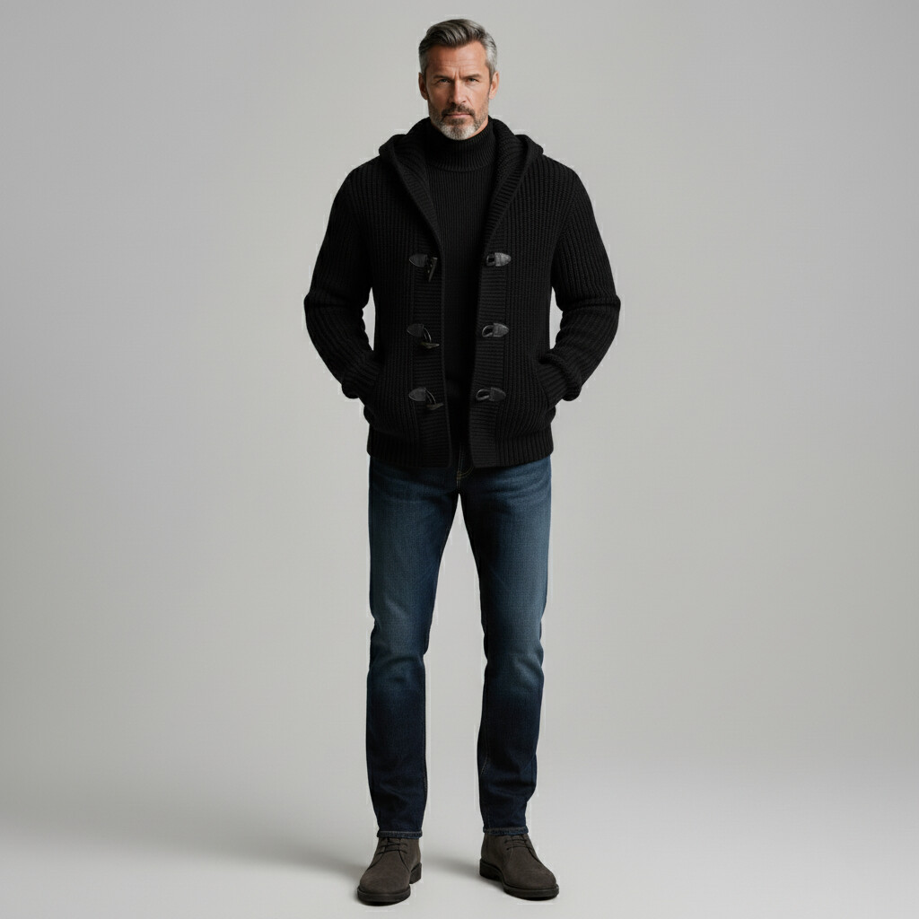 Men's Black Chunky Knit Long Sleeve Pockets Hooded Toggle Sweater Cardigan