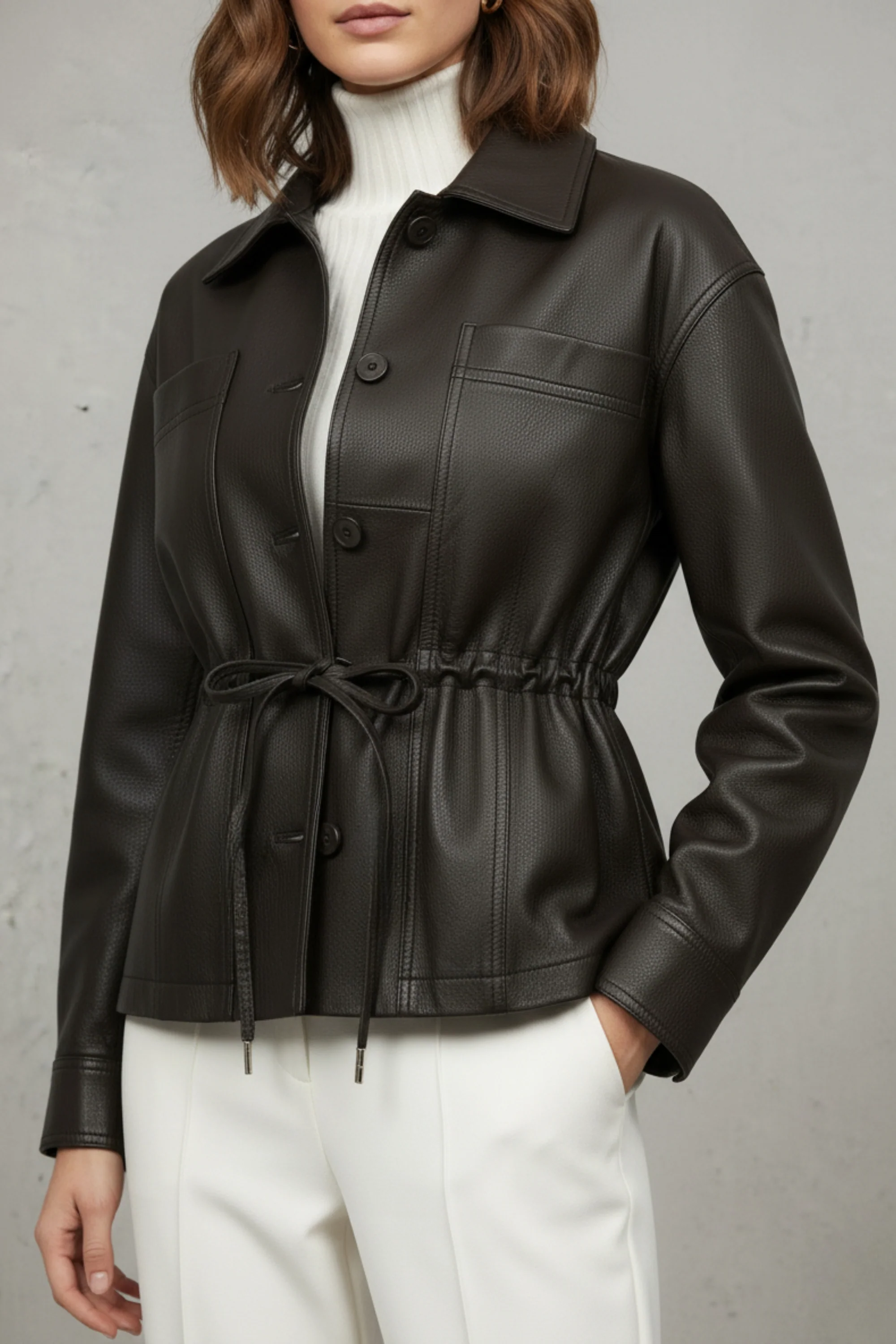 Noir Drawstring Faux Leather Jacket