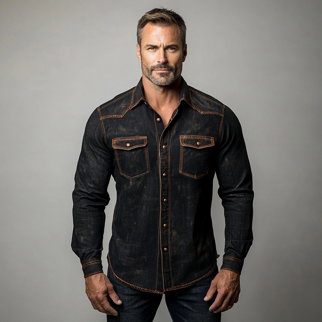 Men's Distressed Denim Turndown Collar Metal Button Long Sleeve Shirt