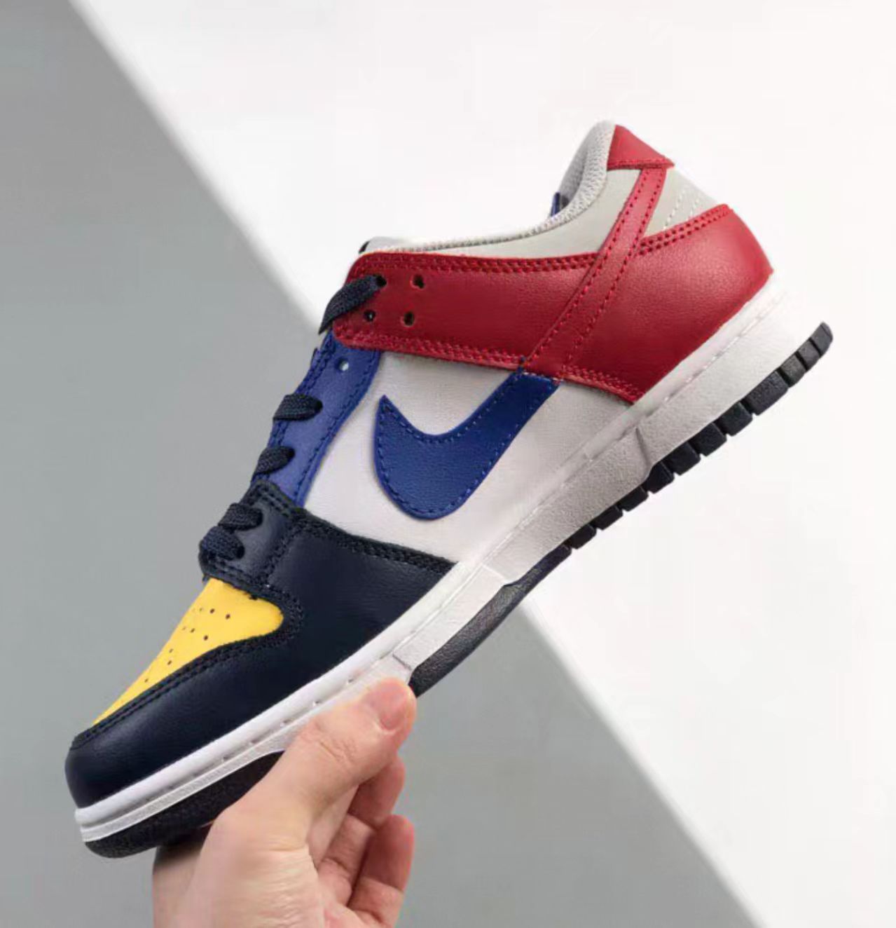 Nike Dunk Low Multi Color Block Red Yellow Orange Navy Leather White Midsole Navy Outsole
