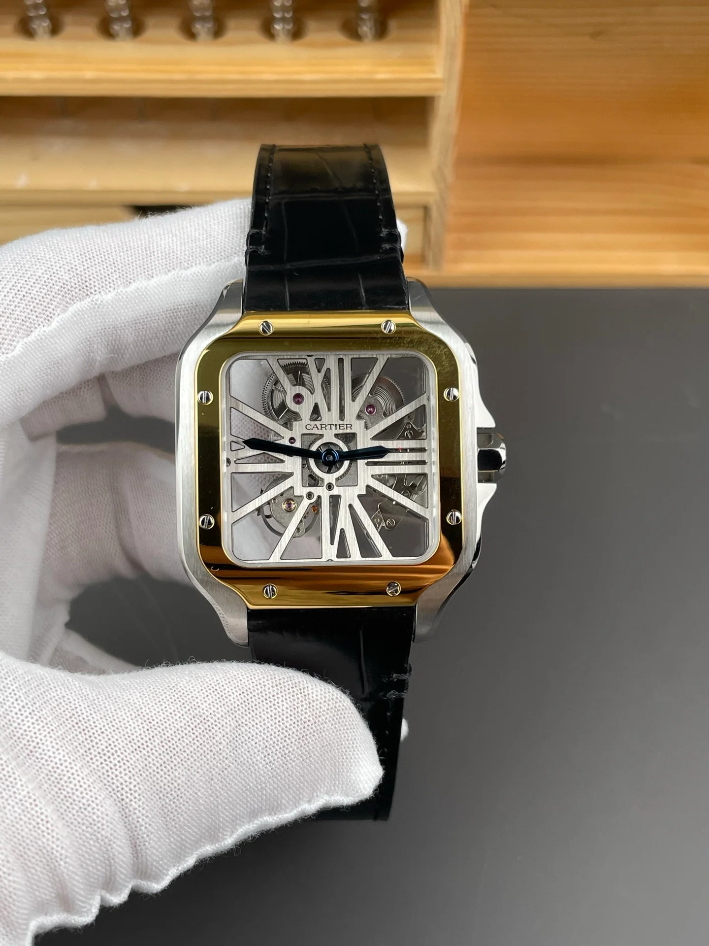 Santos Skeleton Series Leather Strap Two-Tone Dial