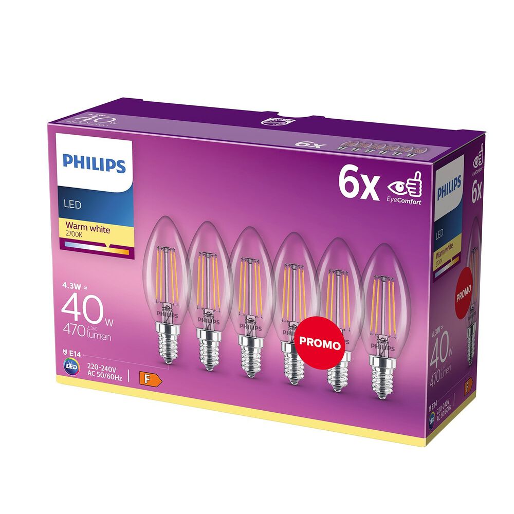 PHILIPS Komplet 6 żarówek LED filament, E14, 40 W, ciepła biel