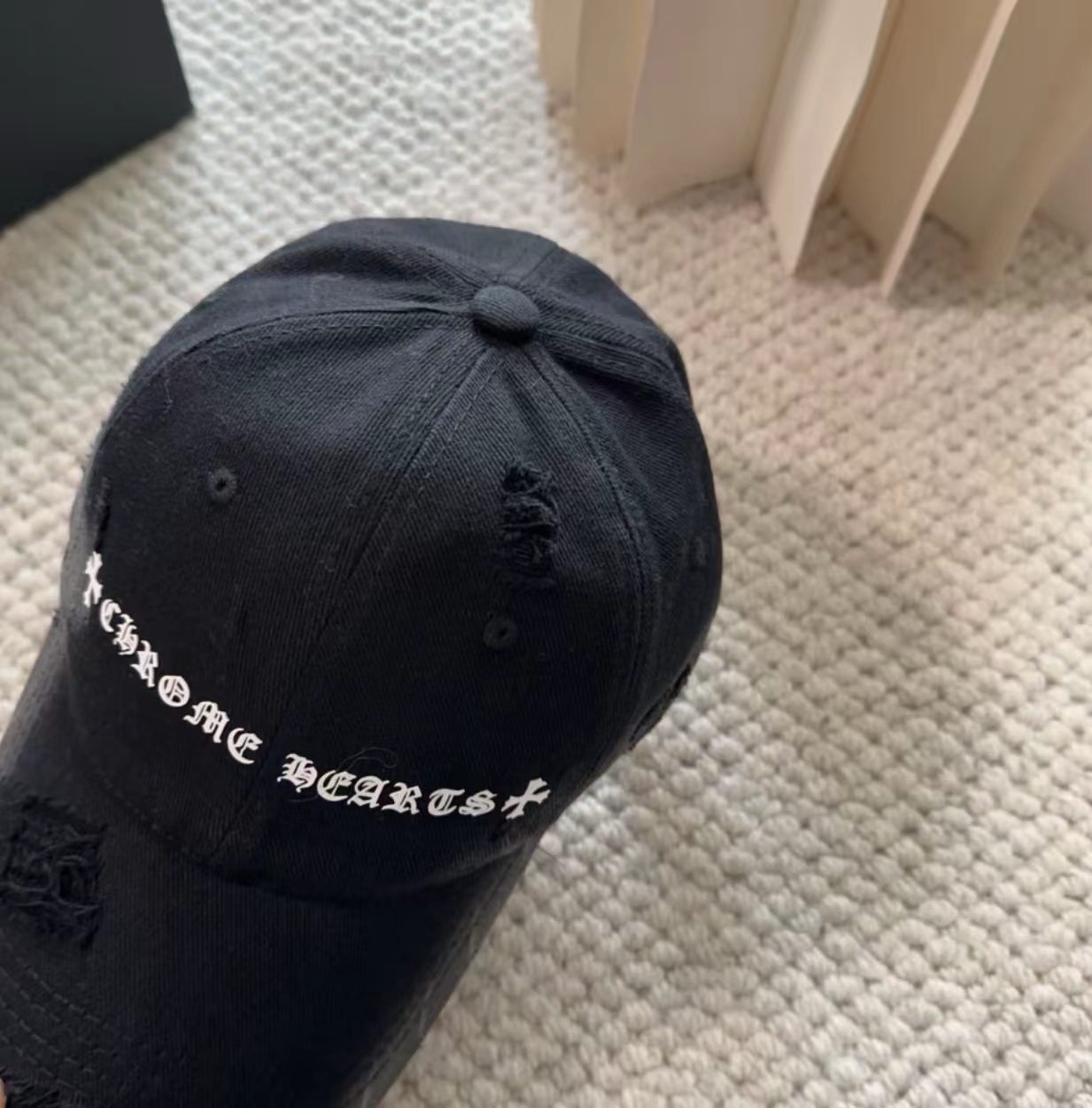 Chrome Hearts Gothic Logo Distressed Denim Baseball Cap