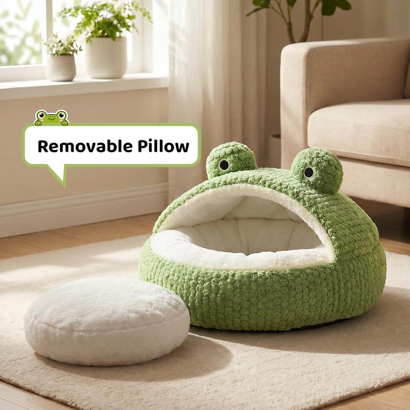 Cute Cat Beds Kitten Beds, Soft Small Dog Beds, Washable Pet Beds for Puppy and Kitty, Funny Frog Cat Cave, 23 Inches