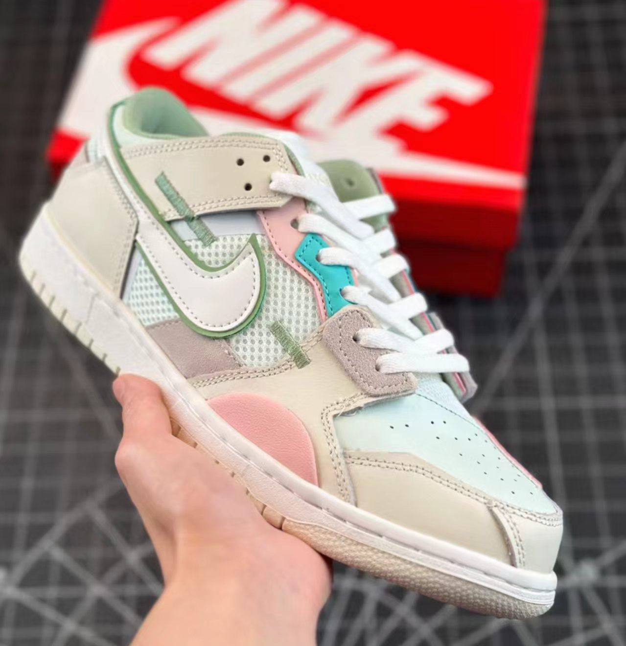 Nike Dunk Low Scrap White Pale Green Mesh Light Pink Patch Cream Midsole
