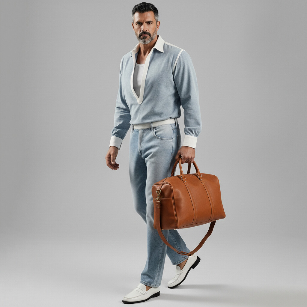 Men's Fashionable Powder Blue Contrast Trim Deep V Neck Long Sleeve Shirt