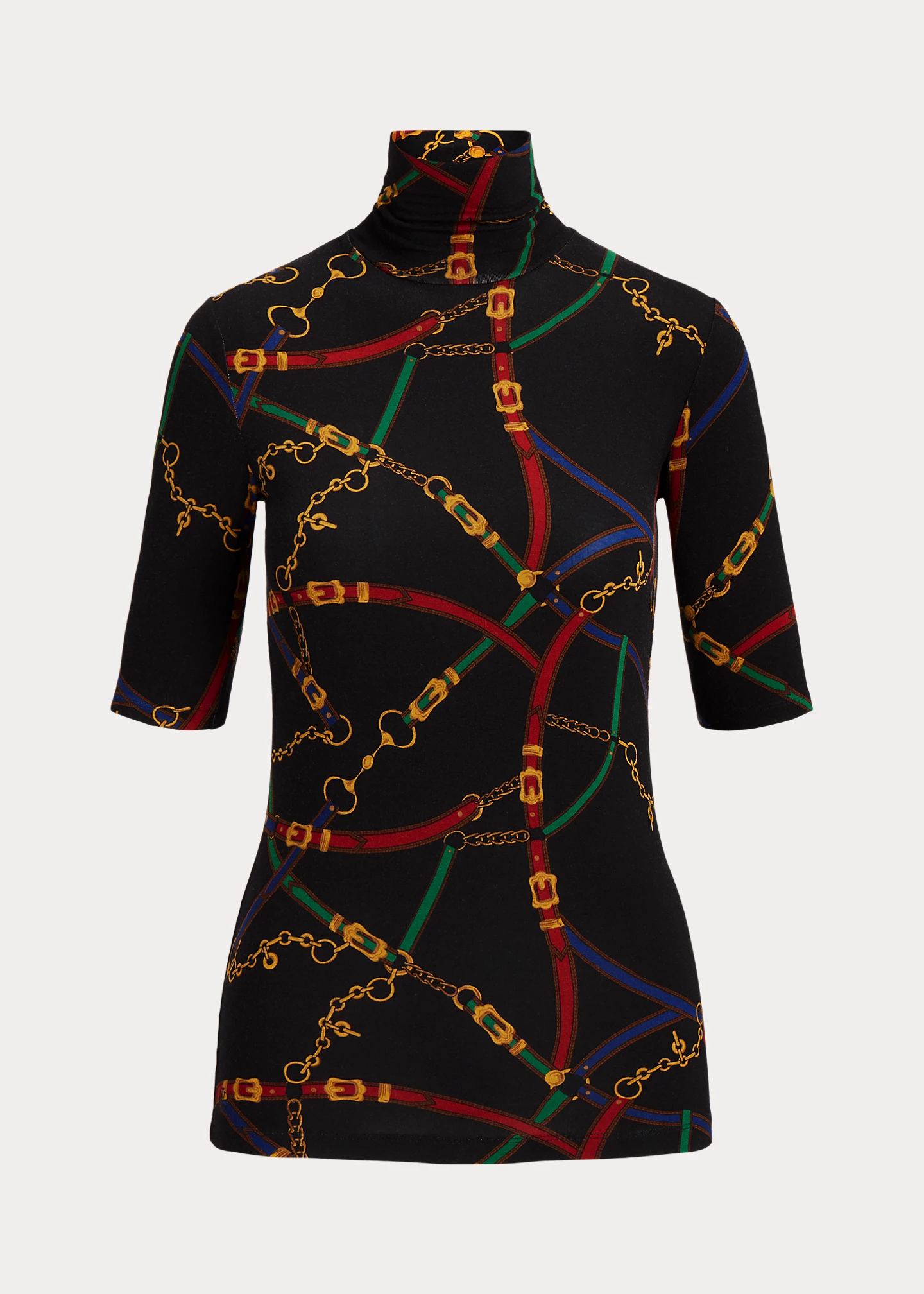 Belting-Print Stretch Jersey Turtleneck