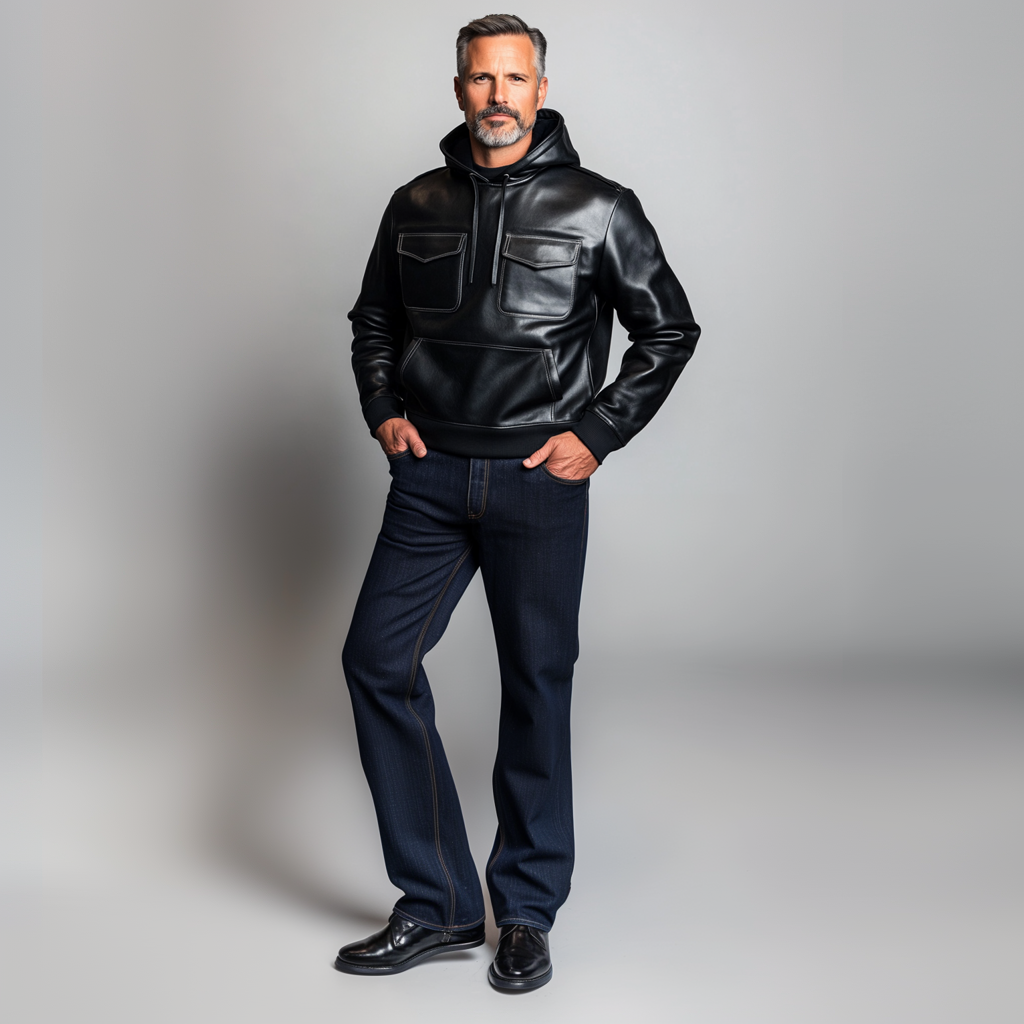 Men's Solid Long Sleeve Flap Pocket Drawstring PU Leather Hoodie