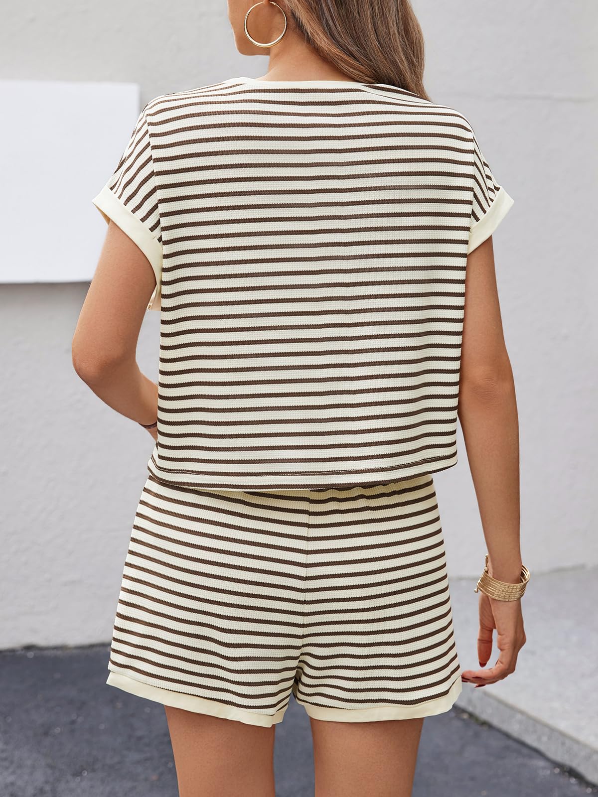 Womens Summer 2 Piece Sets Striped Short Sleeve T Shirts and Shorts Loungewear Matching Set Coffee