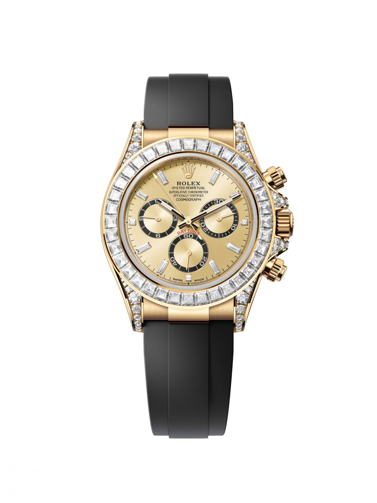 [2026 Mirror Grade]Rolex Cosmograph Daytona 40mm Yellow Gold Diamond Baguette Champagne Dial Diamond Bezel Oysterflex - 126538TBR