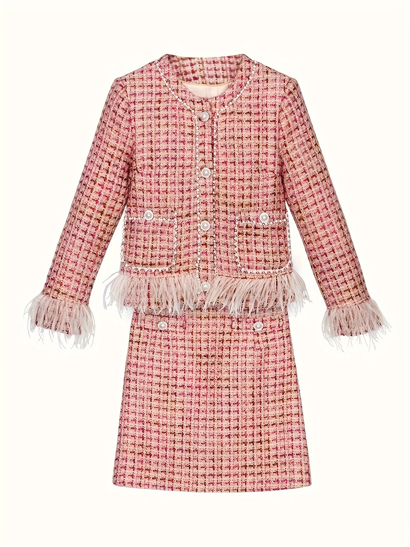 Elegant Feather & Beaded Detail Women’s Suit – Chic Round Neck Jacket with Plaid Skirt Set