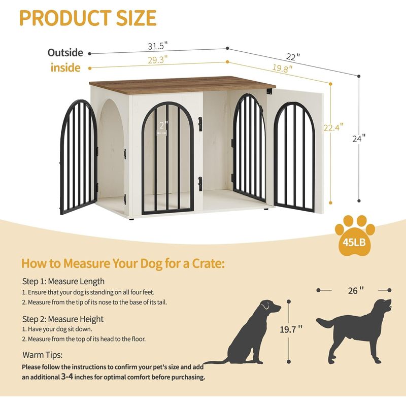 31.5'' Wooden Dog Crate Furniture, Indoor Dog Kennel Dogs Cage for Small/Medium Dogs, Heavy Duty Dog Crates Decorative Pet House End Side Table TV Stand, White Brown DFC85114B