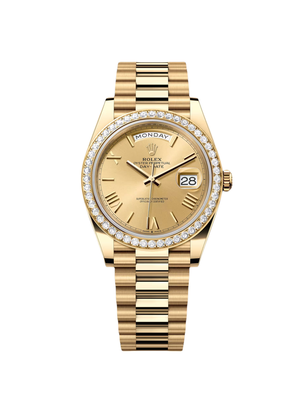 [2026 Mirror Grade]RLX Day-Date 40mm Champagne Dial and Diamond Bezel Yellow Gold President Bracelet  228348RBR-0003