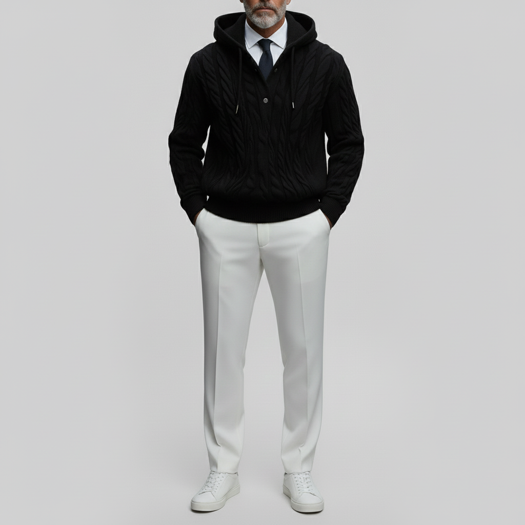 Men's Solid Checker Hooded Long Sleeve Rope Drawstrings Cable Knit Sweaters