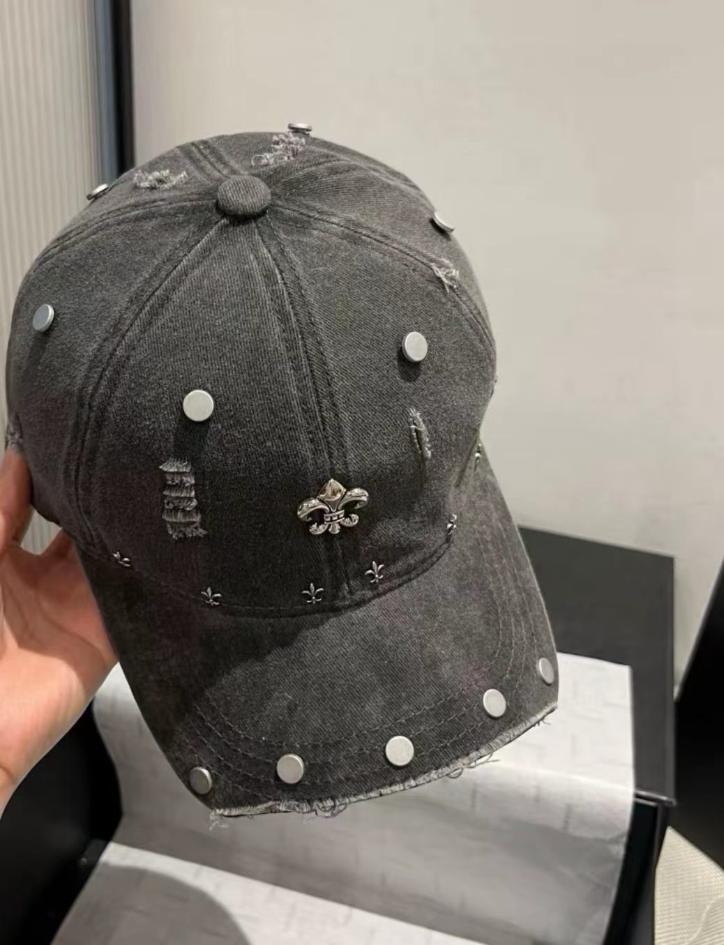 Vintage Washed Denim Fleur-de-Lis Studded Distressed Baseball Cap