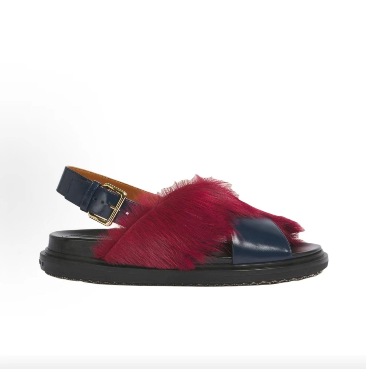 Marni Burgundy Haircalf Navy Leather Slingback Platform Sandals