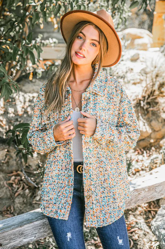 Yellow & Rust Multi Color Tweed Shirts Jacket