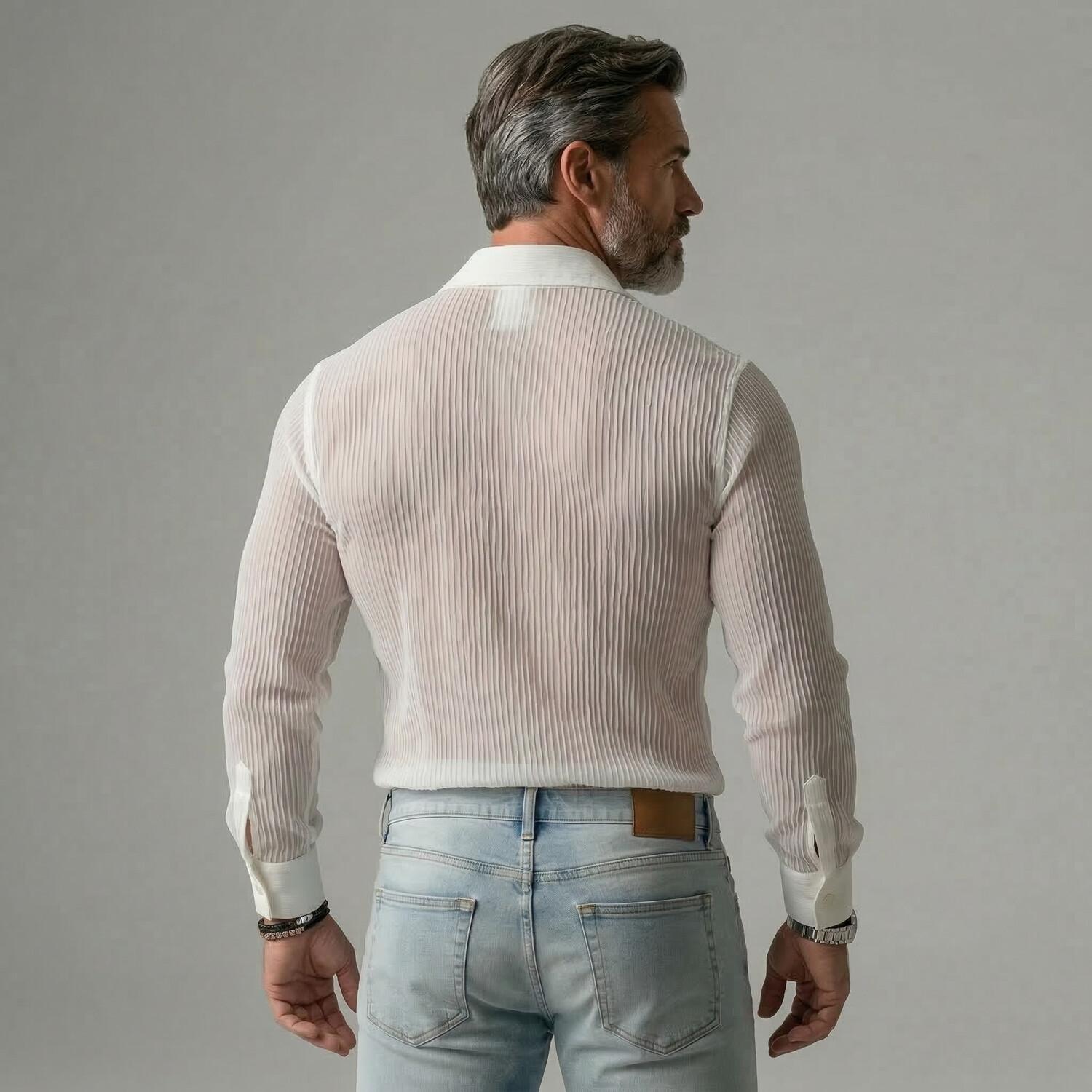 Men's White Semi Sheer Eyelet Lace-Up Fold Long Sleeve Shirt