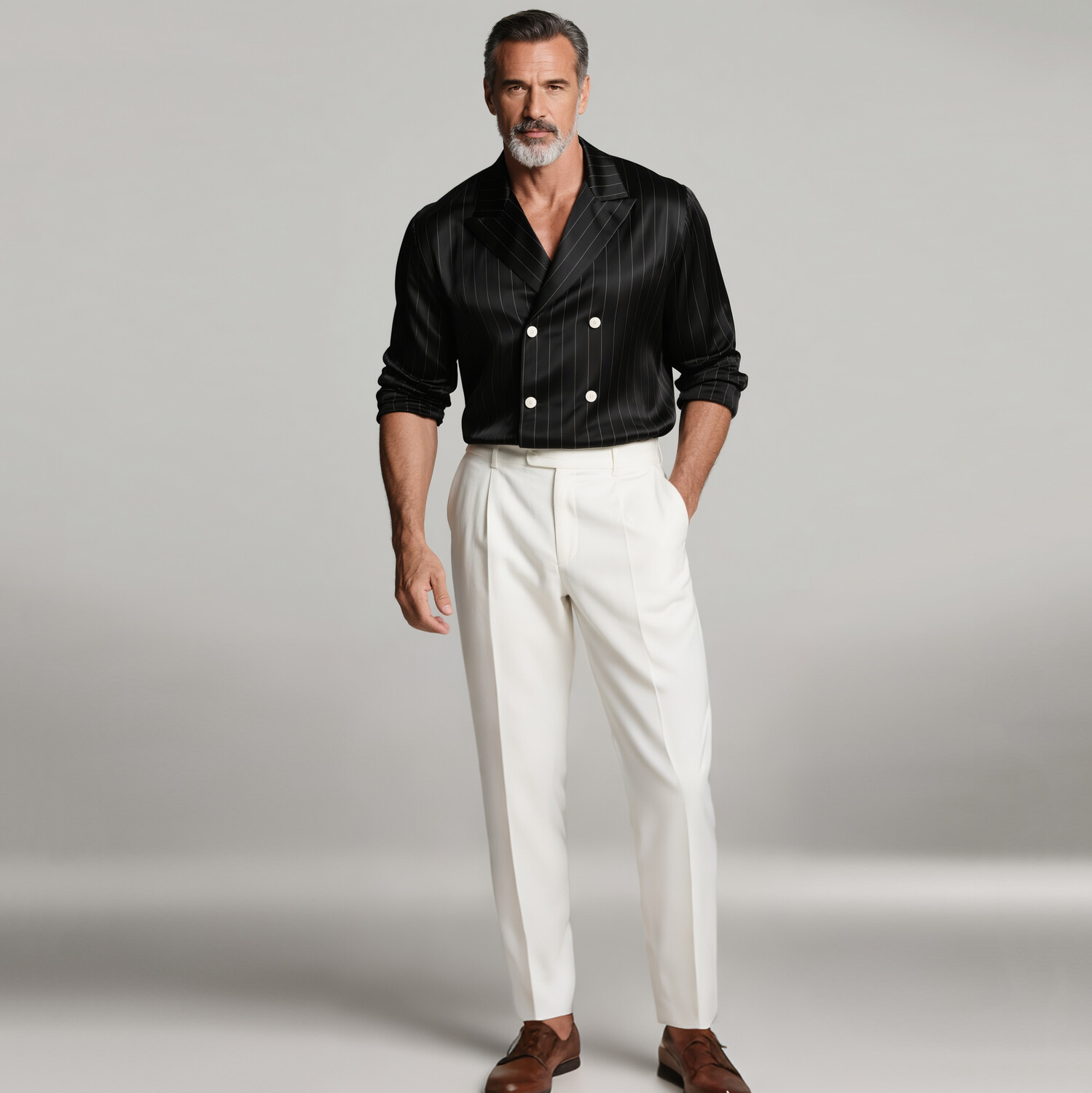 Men's Business Pinstriped Lapel Collar Double Breasted Long Sleeve Satin Shirt