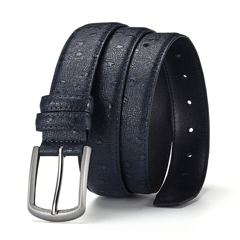 Men's Fashion Blue Ostrich Embossed Silver Buckle PU Leather Belt