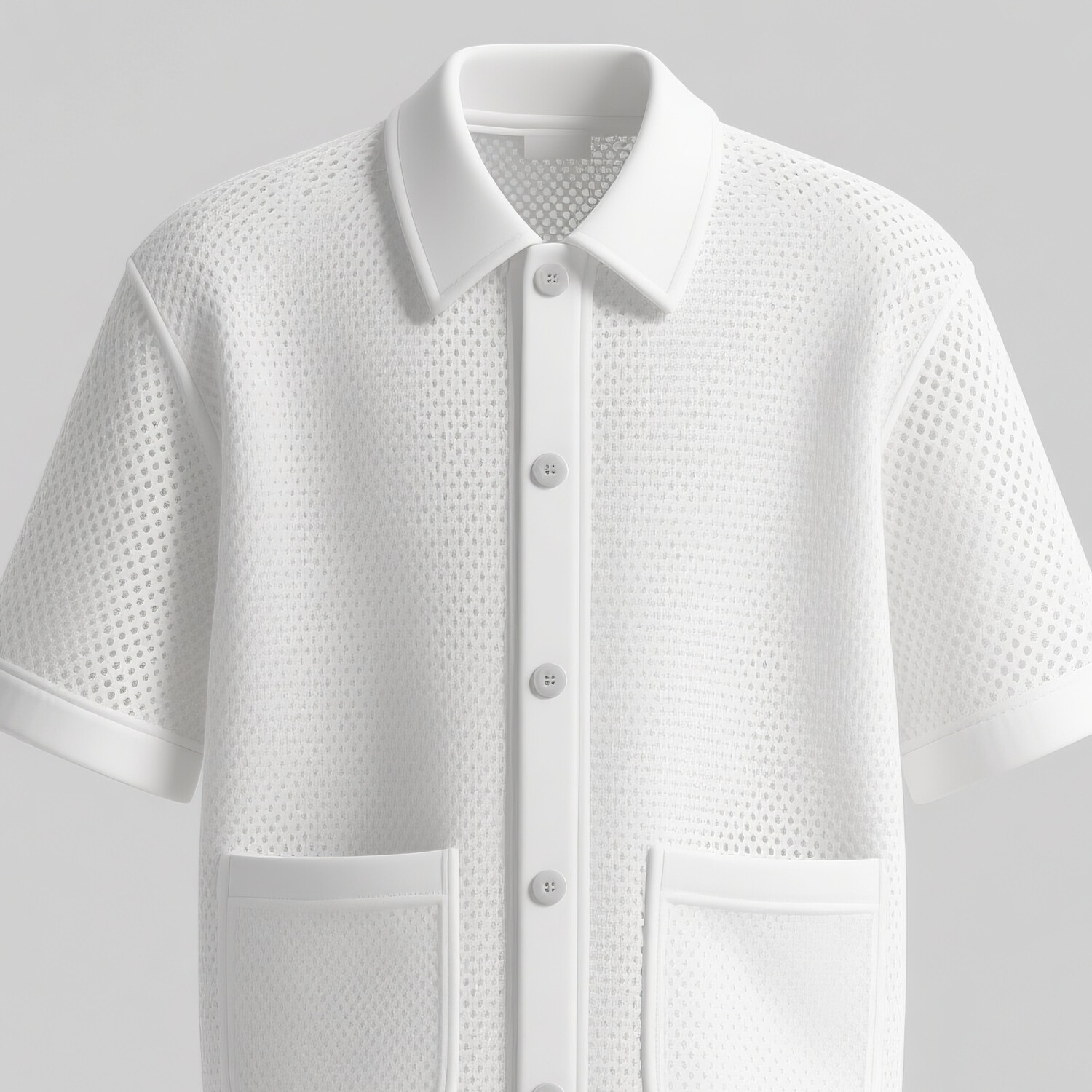 Men's Hollow Mesh Knit Turndown Collar Short Sleeve Patch Pocket Shirt