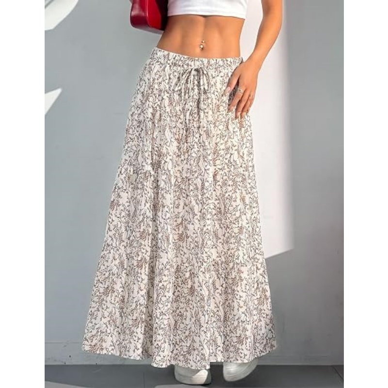 Women's Boho Flowy White High Waist Maxi Skirt with Ruffle & Elastic Waist