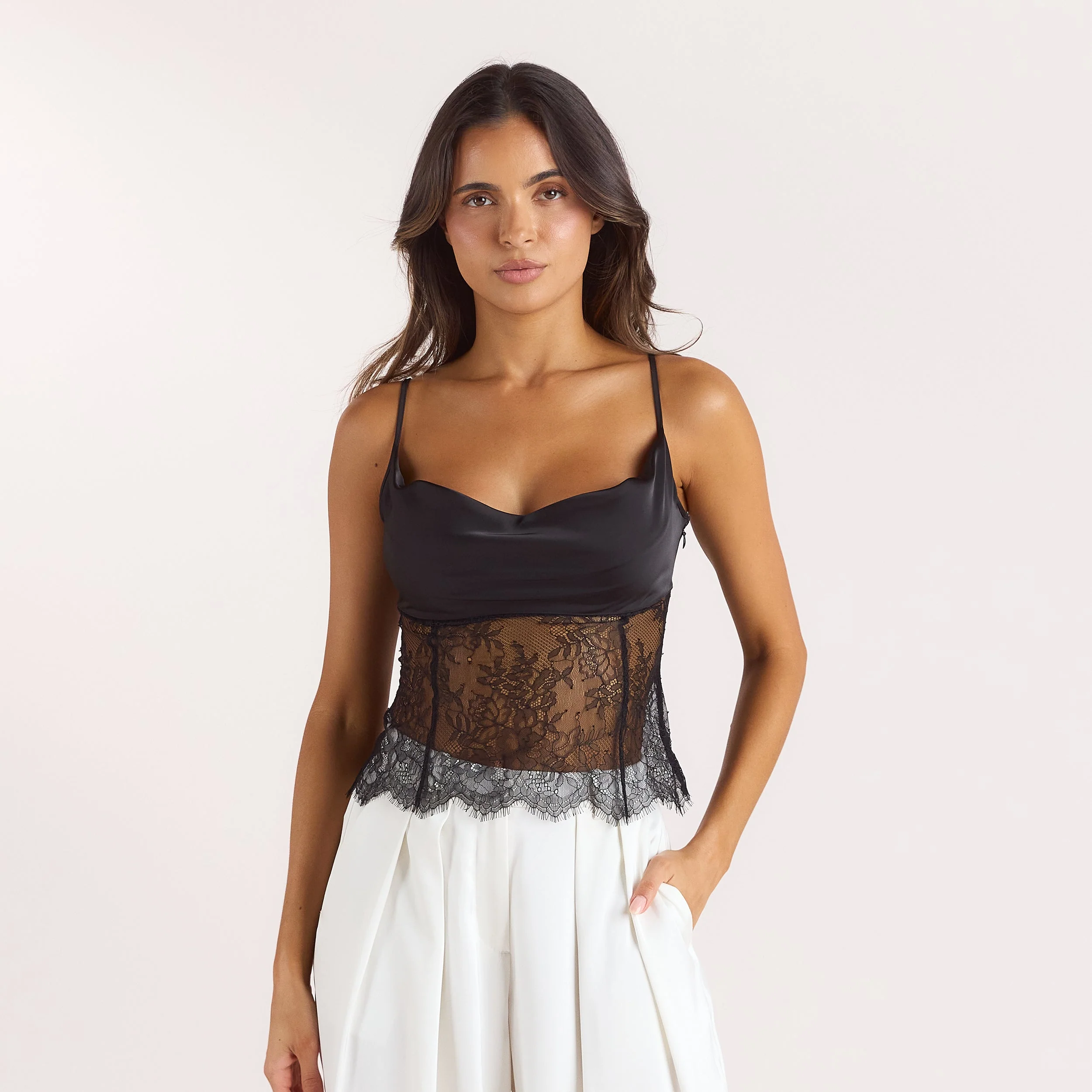 Satin Cowl-Neck Cami Top - Black