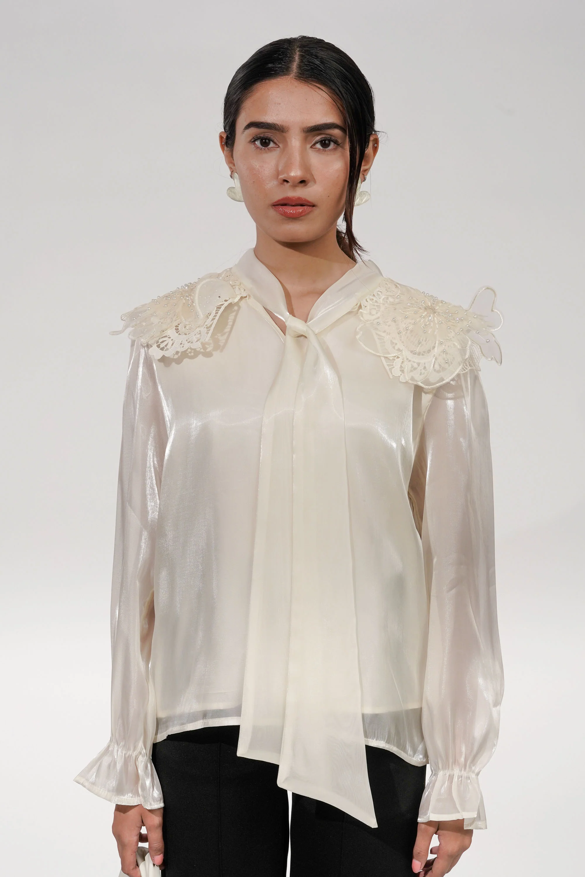 Pearl Flower Embroidered Tissue Top