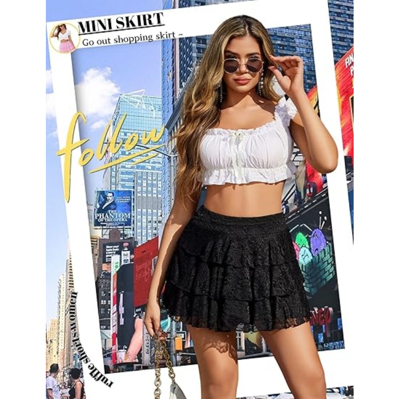 Women's Lace Ruffles High Waisted Pleated A‑Line Mini Skirt