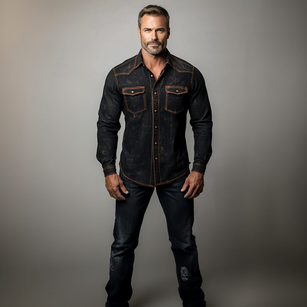Men's Distressed Denim Turndown Collar Metal Button Long Sleeve Shirt