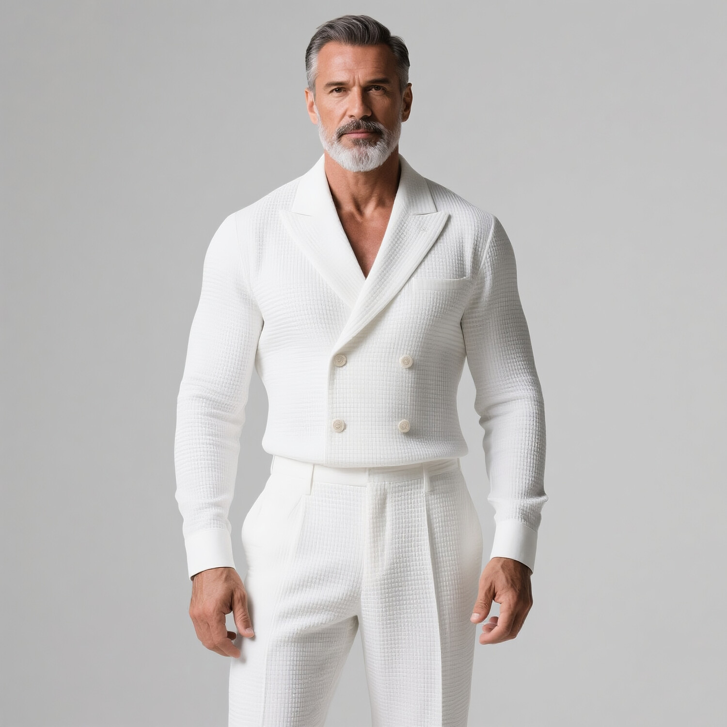 Men's Business Waffle Pattern Peak Lapel Double Breasted Long Sleeve Shirt