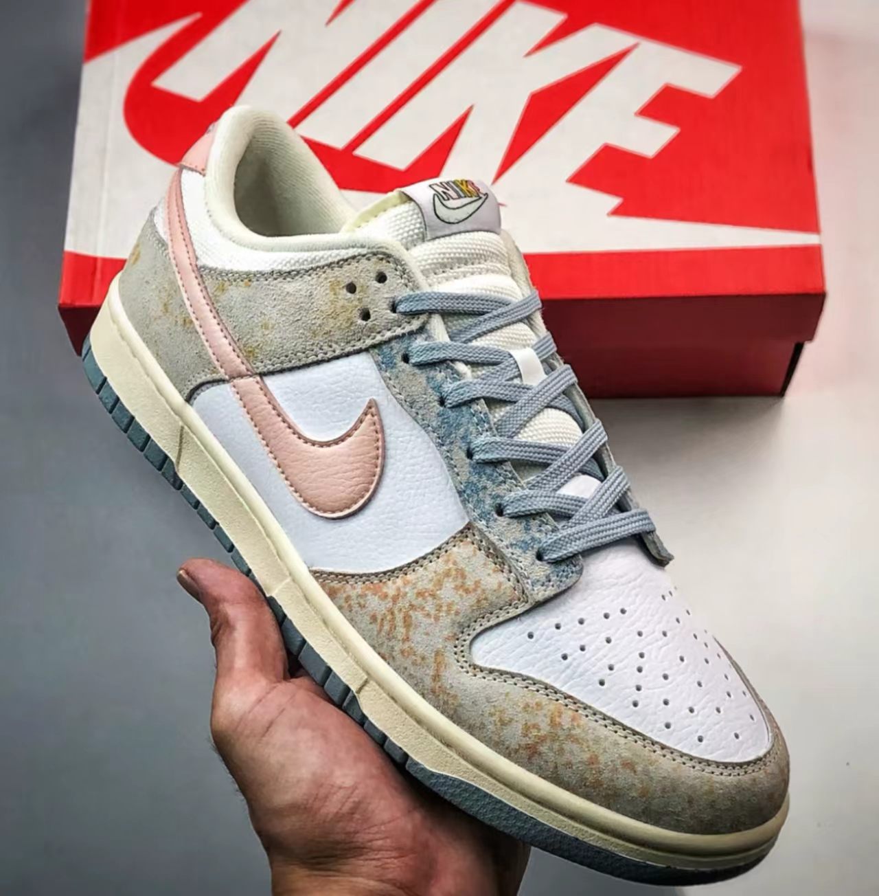 Nike Dunk Low Vintage Distressed White Light Blue Pale Pink Suede Cream Midsole