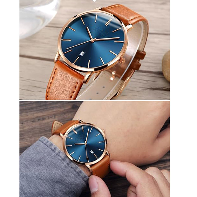 KINDWIN Men's watch, simple, ultra-thin, stylish and casual quartz wristwatch with date display, waterproof, slim and minimalist large dial dress watch, genuine leather strap, suitable for men.
