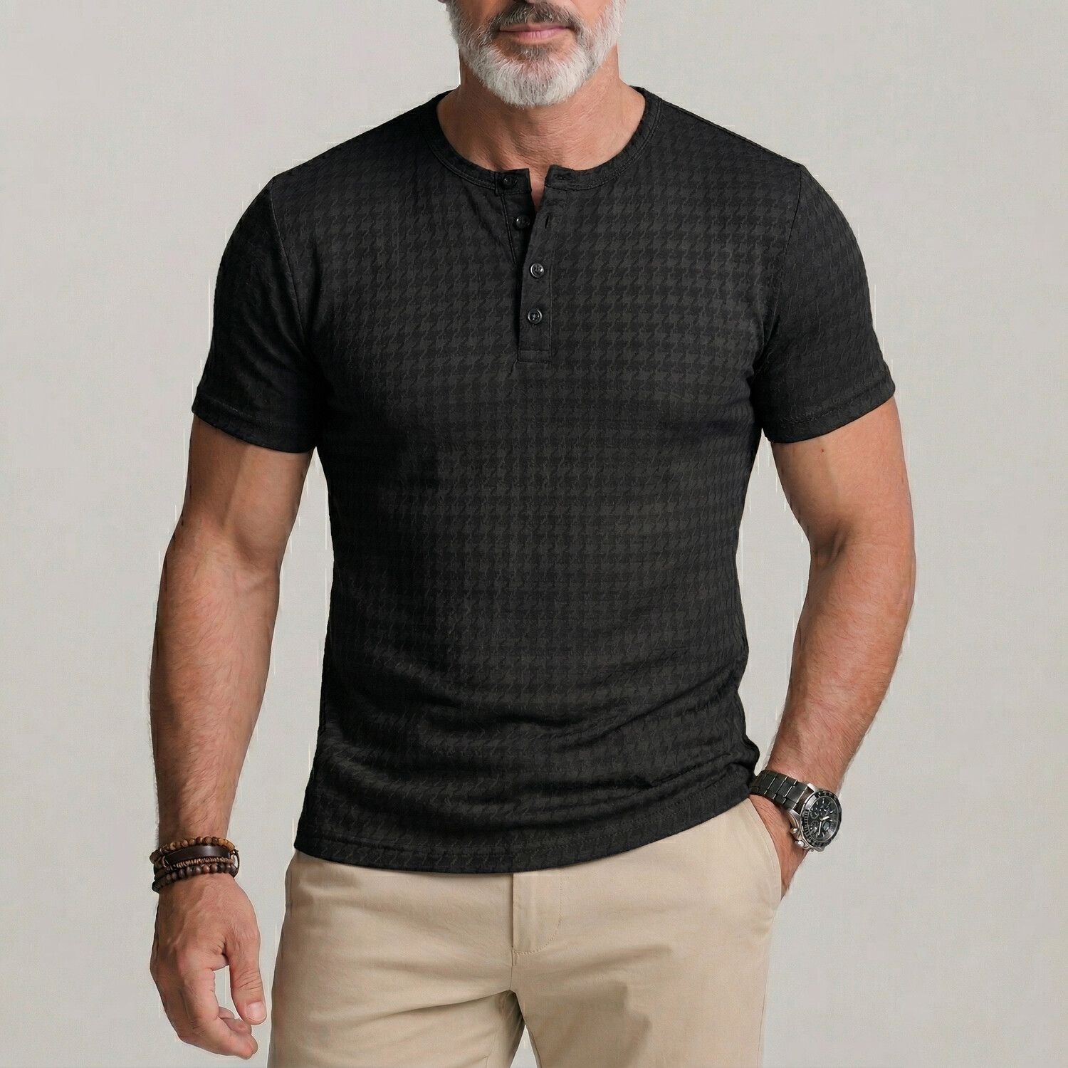 Men's Casual Houndstooth Pattern Buttons Slim Fit Short Sleeve Henley Shirt