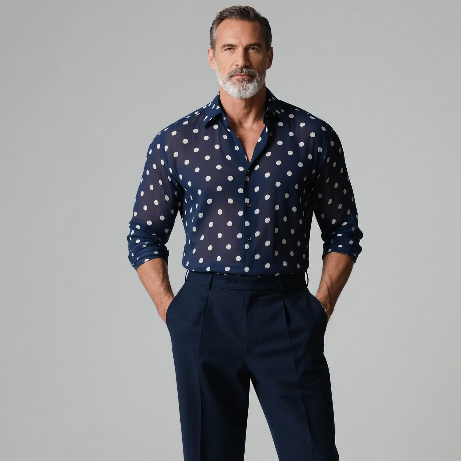 Men's Retro Polka Dot Long Sleeve Semi-Sheer Shirt
