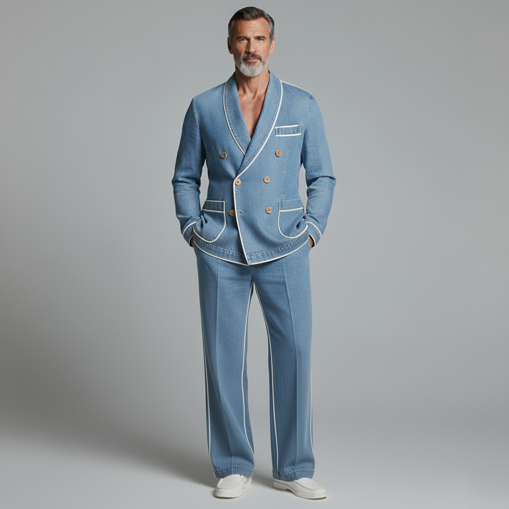 Men's Light Blue Contrast Binding Double Breasted Blazer & Pocket Jeans 2Pcs Set