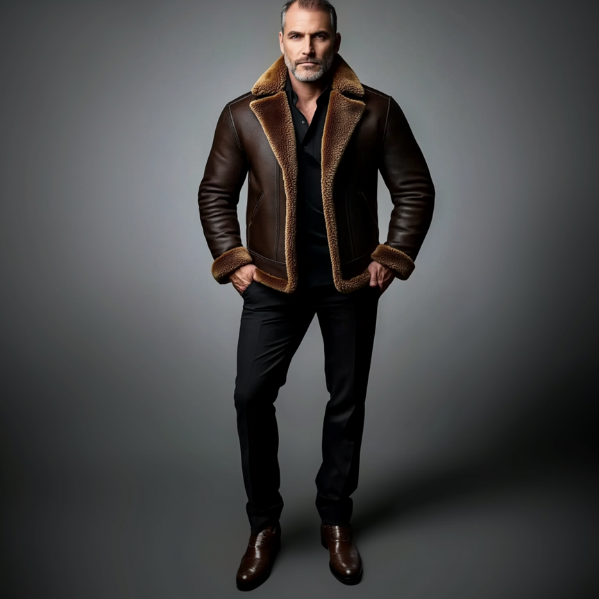 Men's Retro Lapel Long Sleeve PU Leather Fuzzy Coat