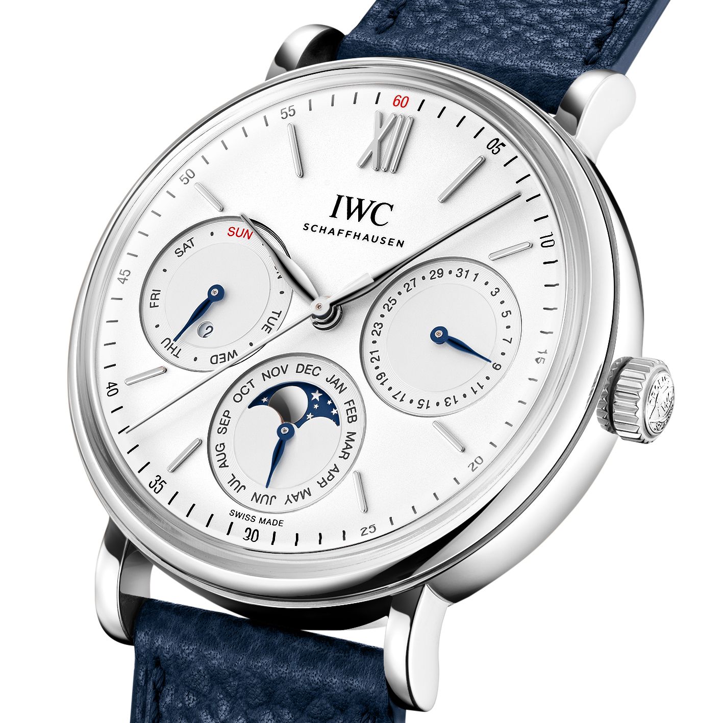 [2026 Mirror Grade]IWC Schaffhausen Portofino Perpetual Calendar 40 mm Silver Dial Stainless Steel Blue Strap IW344601