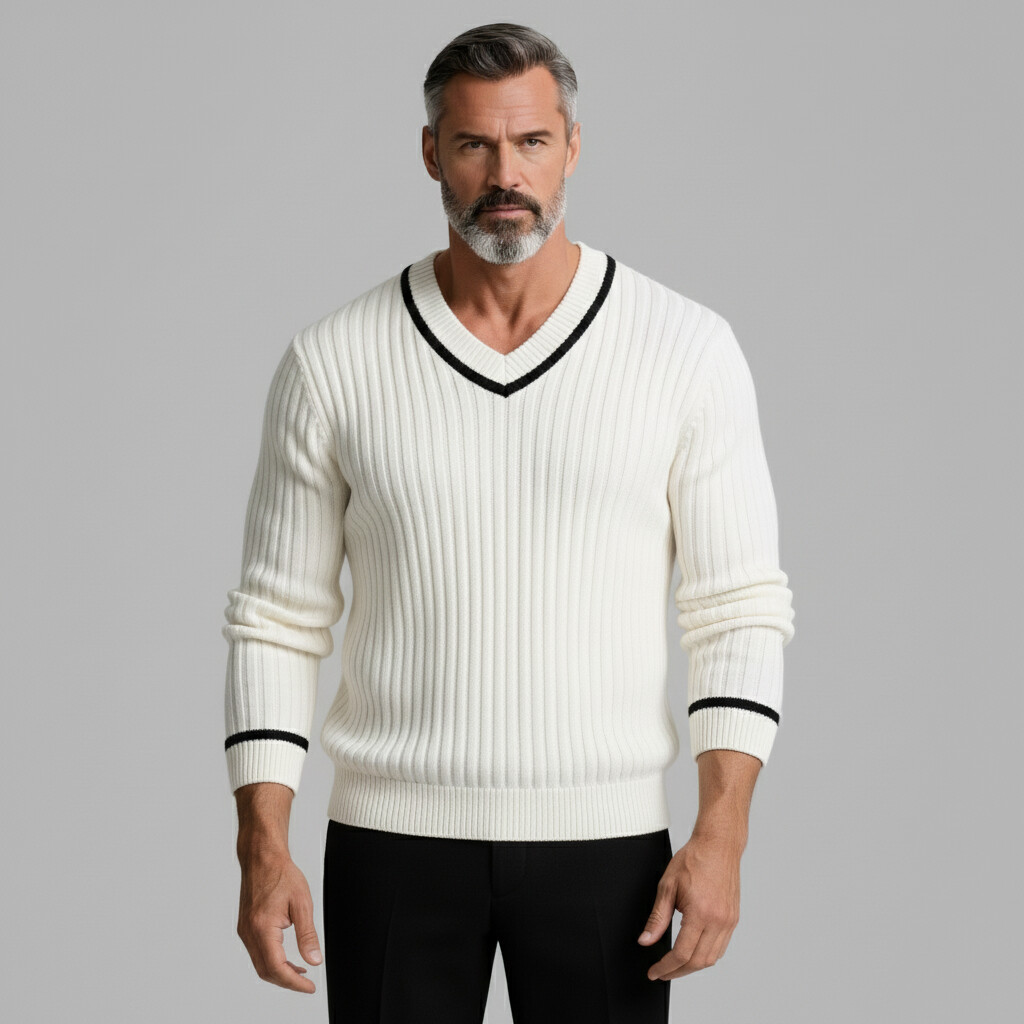 Men's Casual White Contrast Trim V Neck Long Sleeve Ribbed Knit Sweater