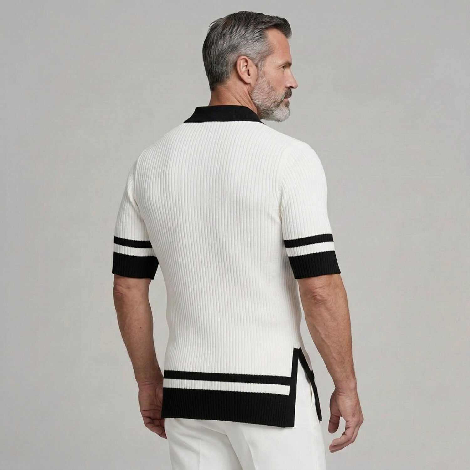 Men's Business Casual White Contrast Trim Side Slits Ribbed Knit Polo Shirt