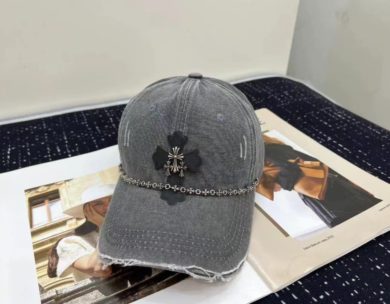 Chrome Hearts Cross Patch Chain Distressed Denim Baseball Cap